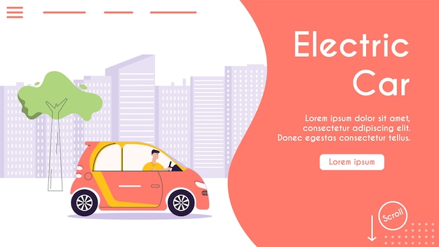  banner illustration of urban eco transport. Character driver driving electric car, cityscape. Modern urban environment and infrastructure, eco friendly lifestyle concept