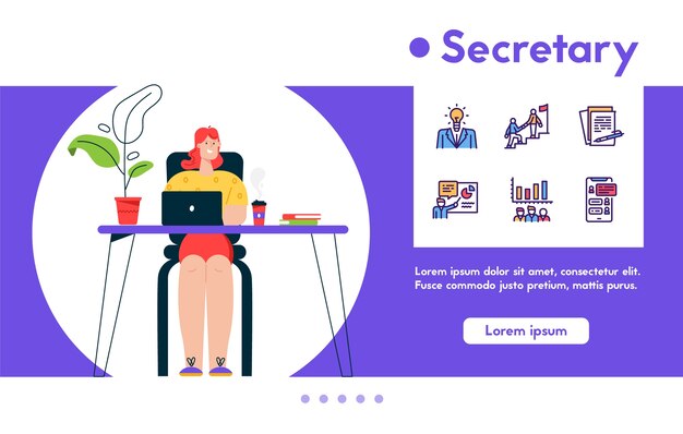  banner illustration of woman secretary working on laptop in office. Employee do work tasks. Color linear icon set - business idea, strategy, financial management, reporting, communication