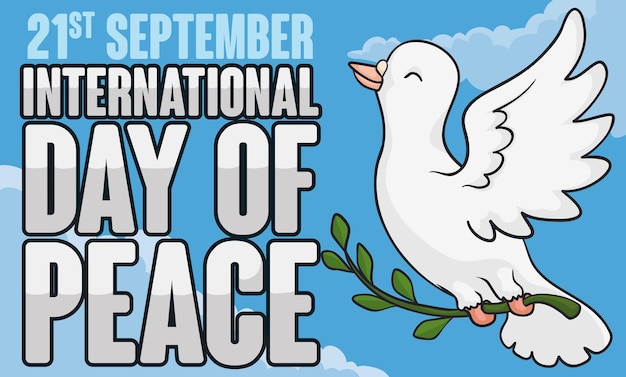 Banner for International Day of Peace with happy white dove flying in sky holding an olive branch