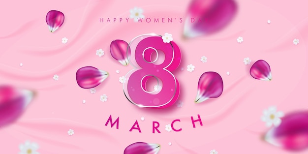 Banner for the international women's day with the decor of pink tulip petals