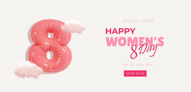 Banner for the International Womens Day Sale banner discount card Happy Mother39s Day Decorative balloon number eight Elegant Composition with realistic cloud Vector poster