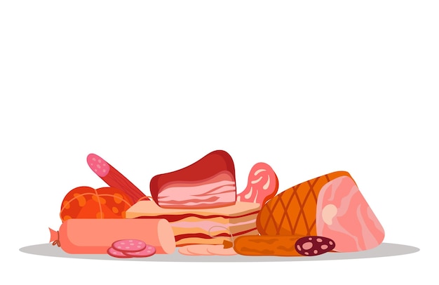 Banner of meat and deli meats Farm beef and sausages with ham isolated on white background