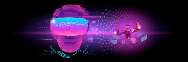 Banner of Metaverse Technology concept A man's head use VR virtual reality goggle