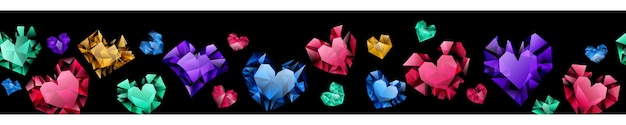 Banner of multicolored hearts made of crystals witn shadows on black background