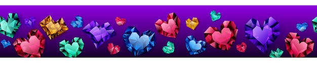 Banner of multicolored hearts made of crystals witn shadows on purple background