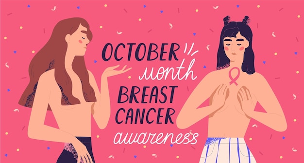 Banner of October month breast cancer awareness with place for text vector flat illustration. International movement support and protection of cure oncology disease. Women with pink ribbon symbols.