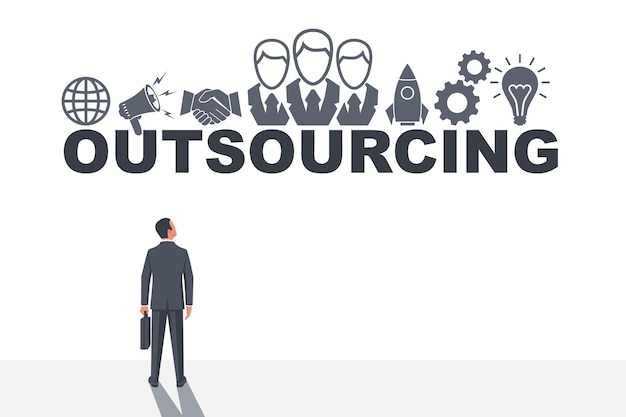 Vector banner outsourcing for web print and mobile businessman with a briefcase looks at the concept