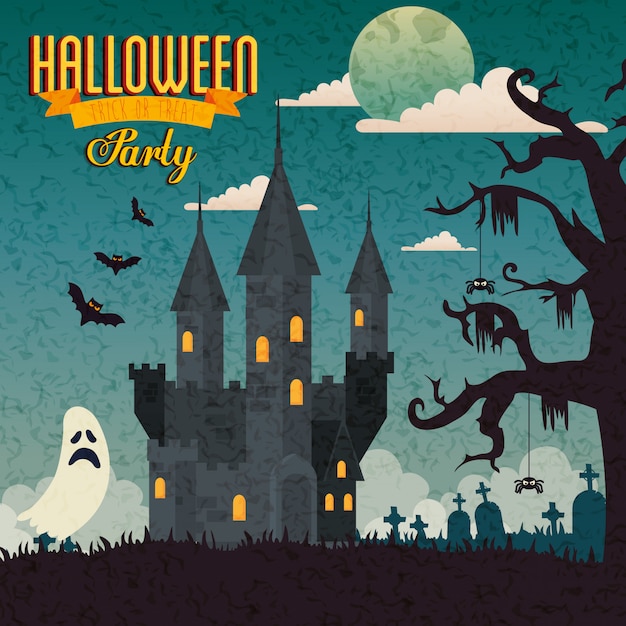 banner of party halloween with castle haunted and icons