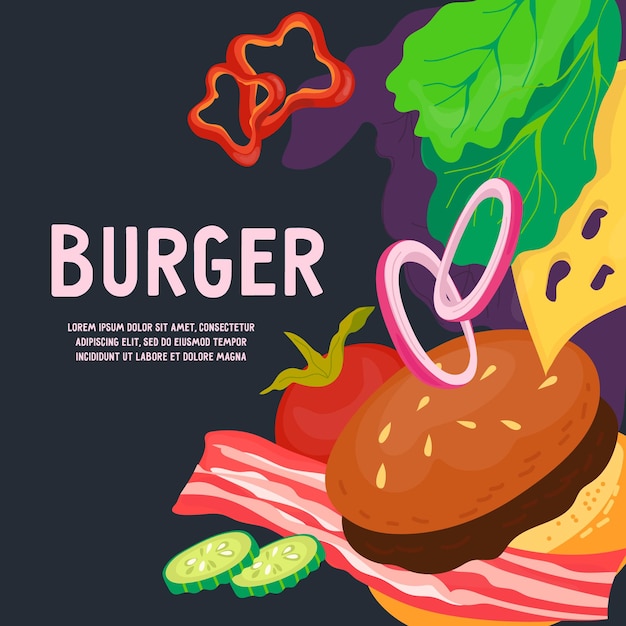 Banner or poster template with burger and food ingredients flat vector illustration on dark background Meat and vegetables for hamburger preparing in menu cover or card design