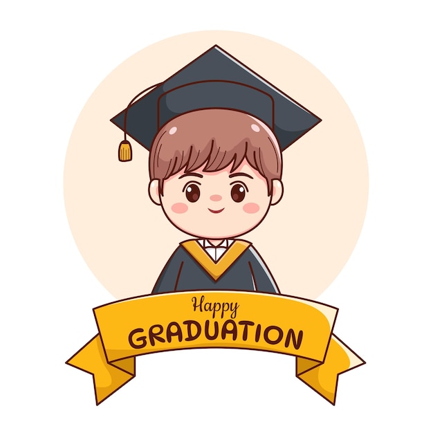 banner or ribbon happy graduation handsome boy with cap and gown cute kawaii chibi cartoon