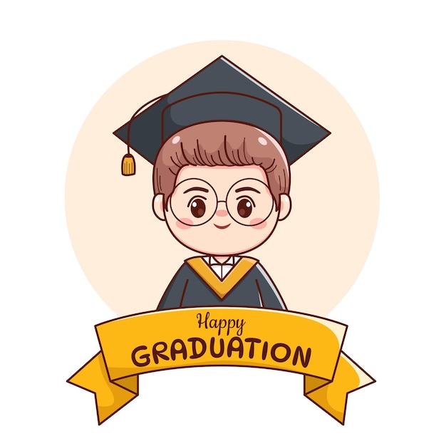 banner or ribbon happy graduation handsome boy with cap, gown and glasses cute kawaii chibi