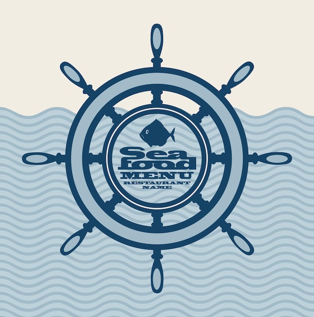 banner for seafood with ship wheel and fish