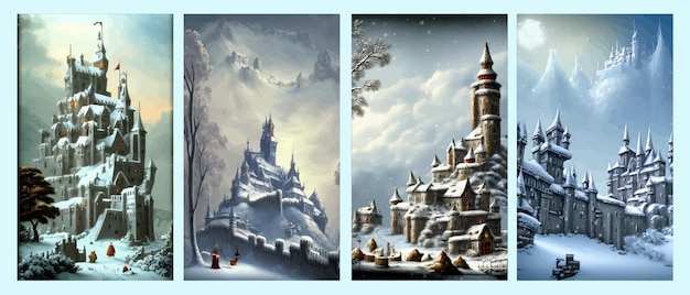 Banner set ancient stone winter castle fantasy snowy landscape with a castle magical luminous