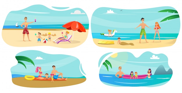 Banner Set Family Vacation at Sea Cartoon Flat