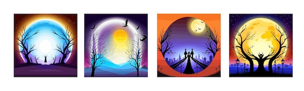 Banner set full moon in night sky dark forest landscape with black silhouettes of trees vector