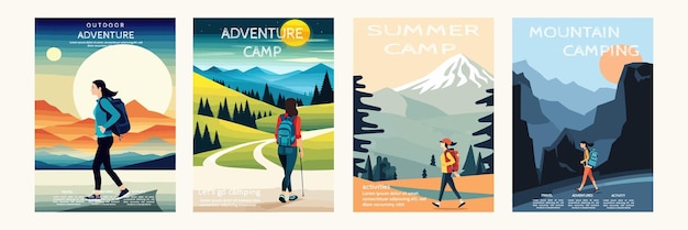 Vector banner set hiker person woman hiking or trekking with backpack walking in mountain forest outdoor