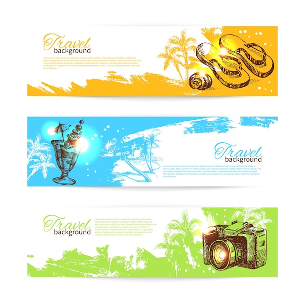 Banner set of travel colorful tropical splash backgrounds. Holiday banners with hand drawn sketch illustrations