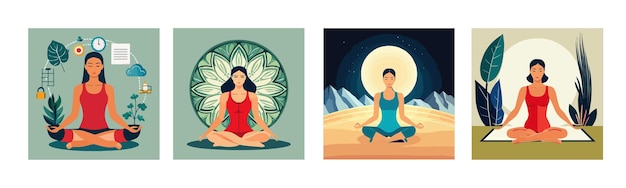 Vector banner set vector illustration girl meditating in lotus position on background leaves international