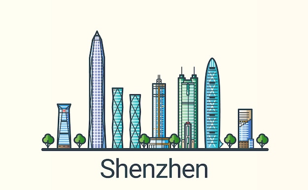 Banner of Shenzhen city in flat line trendy style. All buildings separated and customizable. Line art.