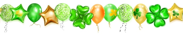 Banner on St Patricks Day with flying colored helium balloons round starshaped and in the form of a fourleaf clover with seamless horizontal repetition on white background