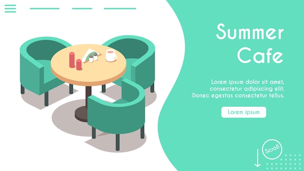  banner of summer cafe. Isometric view of chairs and table, napkins, candles, drinks. Modern  restaurant interior. Online reservation, table serving. Banner template design, landing page