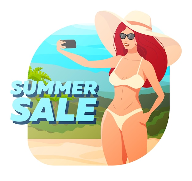 Banner summer sale with a redhaired girl in a hat who takes a selfie on the background of the beach