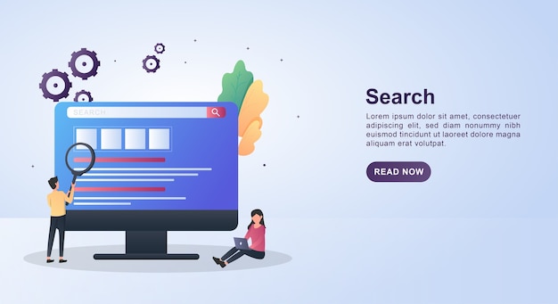 Banner template concept of search with people who are searching on a computer.