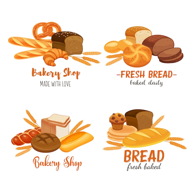 Banner template food with bread products. Rye bread and pretzel, muffin, pita, ciabatta and croissant, wheat and whole grain bread, bagel, toast bread, french baguette for design menu bakery.