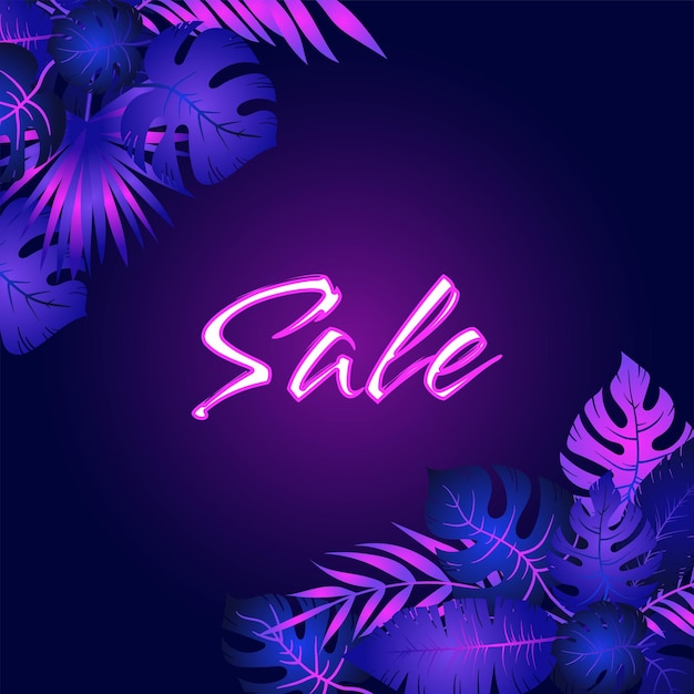 Vector banner template of glowing neon frame with tropical exotic plant palm tree leaves vector isolated