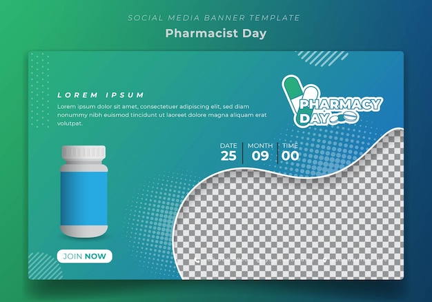 Vector banner template in green blue background for pharmacist day campaign design