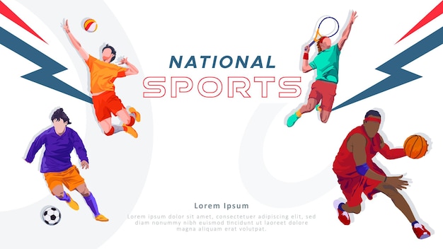 Banner template for national sports day football basketball tennis and volleyball background