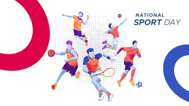 Banner template for national sports day football basketball tennis and volleyball background