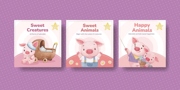 Banner template with adorable animals concept,watercolor style