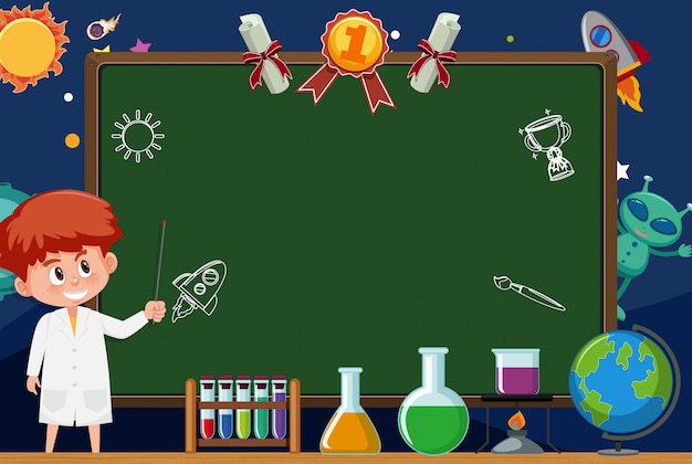 Banner template with boy in lab gown and space background