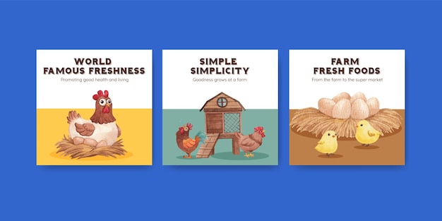 Vector banner template with chicken farm food conceptwatercolor style