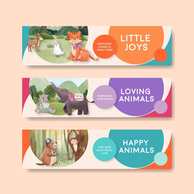 Banner template with happy animals concept  watercolor illustration