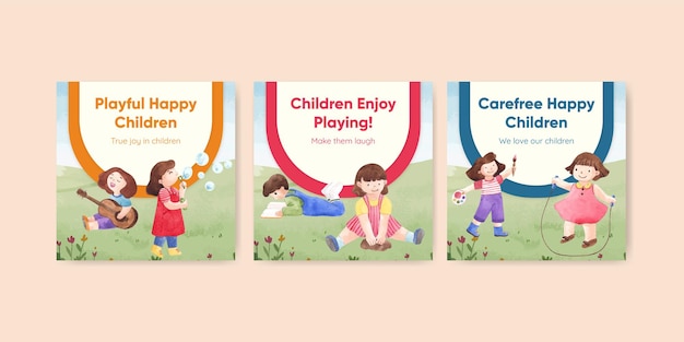 Banner template with happy children concept,watercolor style