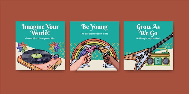 Banner template with happy youth fun conceptwatercolor style