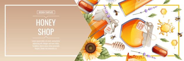 Vector banner template with honey products honey shopillustration of a jar of honey honeycombs bees flowers