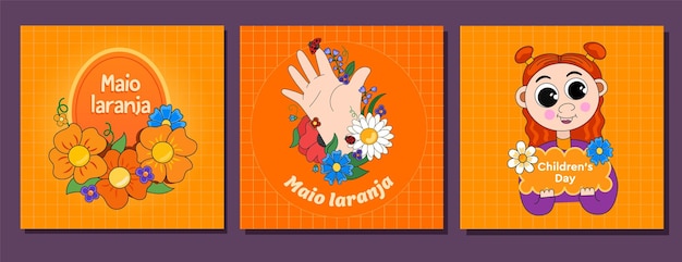 Banner template with illustrations and design dedicated to zahistu children's day Children's hand with flowers on the background of an orange pattern A girl with a sign in her hands Maio laranja