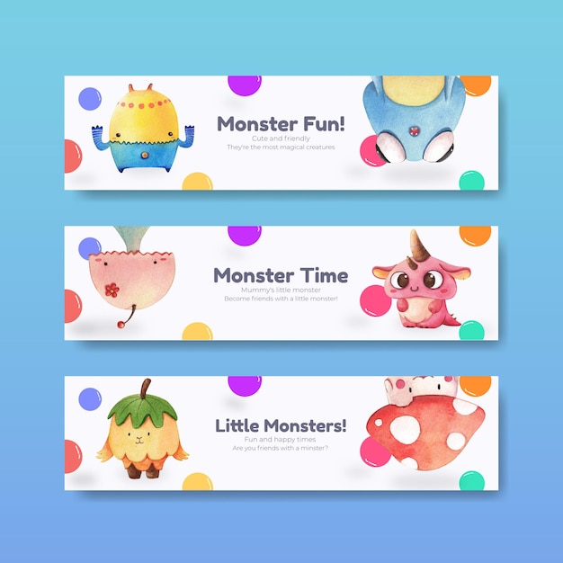 Banner template with monster concept design watercolor