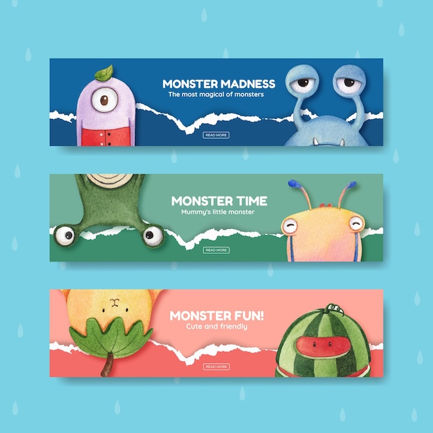 Banner template with monster concept design watercolor