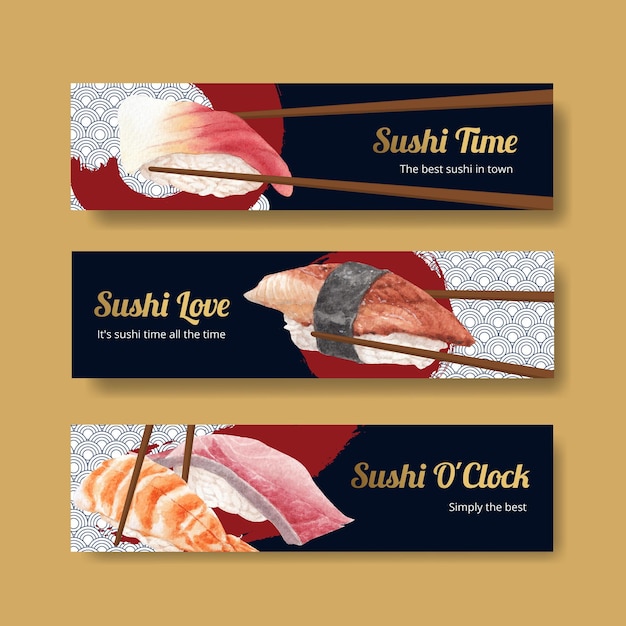 Banner template with premium sushi concept,waterolor style