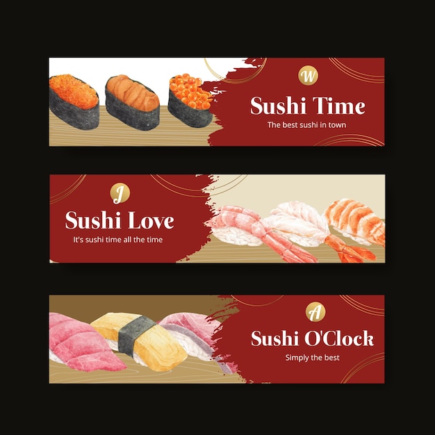 Banner template with premium sushi concept,waterolor style