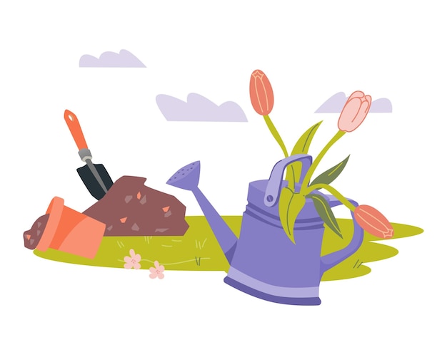 Banner template with watering can and flowers flat vector illustration