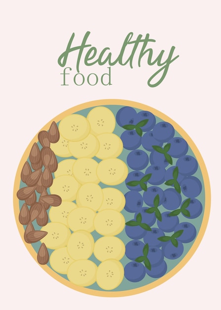 Vector banner on the theme of healthy latin american food acai bowl with different fruits and nuts