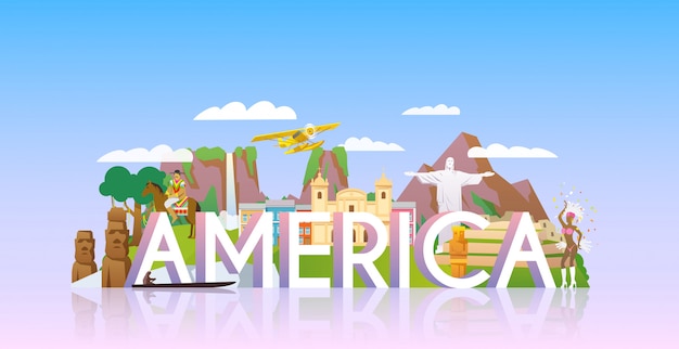  banner on themes: trip to South America, sights South America, vacations in South America, summer adventure. Modern flat style.