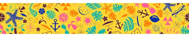 Banner of various items related to summer holidays at sea multicolored on yellow background with seamless horizontal repetition