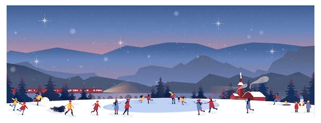 Banner vector illustration of winter night scene in countryside with train and snow fall.