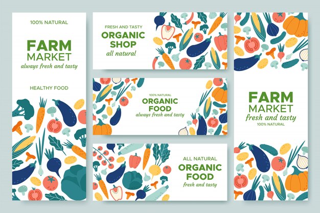 Vector banner vegetables. fresh vegetable menu, organic food and natural products banners   illustration set